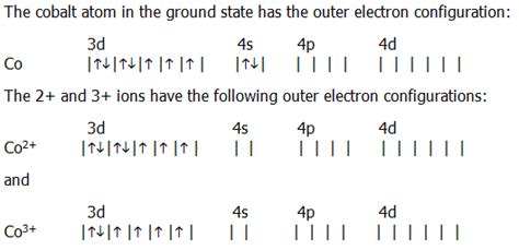 what is the ground state electron configuration of co3|Electron Configuration for Co, Co2+, and Co3+ (Cobalt and  .